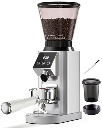 Tuni G1 Conical Burr Coffee Grinder, 48 Grind Settings Anti-static Burr Mill, Precision Electronic Timer and LED Touchscreen for Espresso/Drip/Cold Brew/French Press, Stainless Steel, Silver