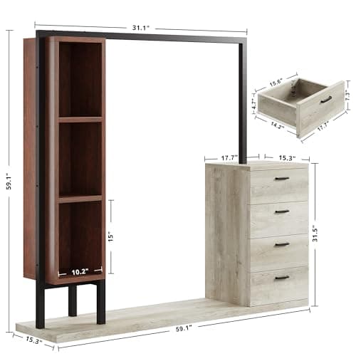 IRONCK Clothes Rack with 4 Wooden Drawers, Heavy Duty Garment Rack with Hanging Rack & 3 Shelves for Storing Clothes, Bags, White Maple with Red Walnut 9