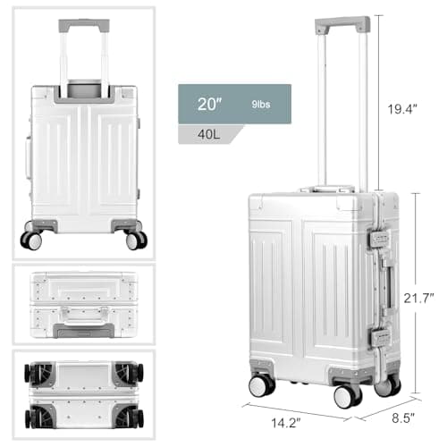 KANGSHILU All Aluminum 20'' Luggage with Removable Spinner Wheels,Provide Spare Wheels.Carry on Luggage 22 x 14 x 9 Airline Approved Lightweight Metal Hard Shell Zipperless Suitcase 8