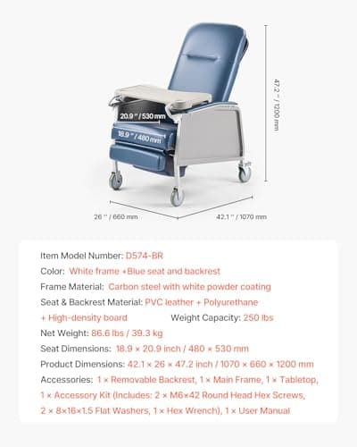 VEVOR Geri Chair Recliner, 3-Position Reclining Geri Chair, Movable Medical Recliner Chairs with 4 Wheels, Soft Padded Seat & Detachable Tray, Ideal for Hospital, Nursing Home, and Geriatric Home Care 7
