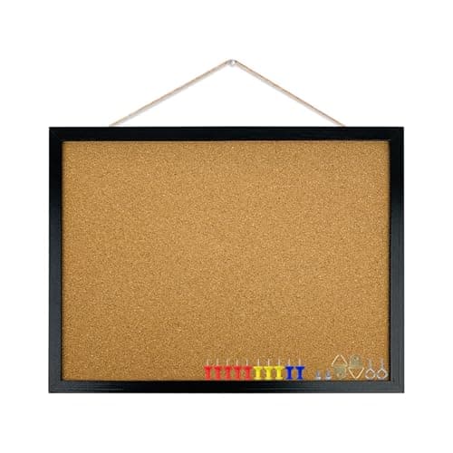 GDMINLO Black Cork Bulletin Board, 17.7 X 13.3 inches with Oak Wood Finish Frame, for Wall Office Home and School (Pins, Eye Bolts, gaskets, Screws)