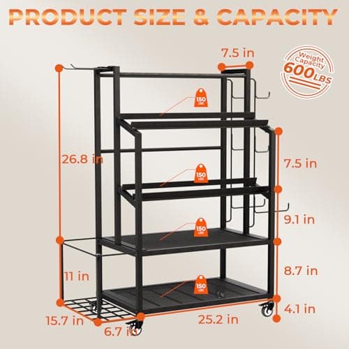 600LBS Dumbbell Rack Weight Stand - Bonvork Adjustable Weight Rack for Dumbbells, Home Gym Storage Rack for Yoga Mat Foam Roller Kettlebells, Workout Equipment Storage Organizer With Wheels 6