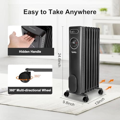 hykolity Electric Oil Filled Radiator, 1500W Portable Full Room Radiant Space Heater with Adjustable Thermostat, Remote, Led Display, Child Lock, Overheat & Tip-Over Protection, 24H Timer, Grey 8