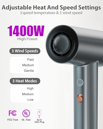 Rukebas Professional Ionic Hair Dryer 1400W with Diffuser & Concentrator - 4 Speed/Heat Settings, Lightweight Fast Drying for Home Travel, Includes Brush Head & Replacement (120V 1.4kW) 5