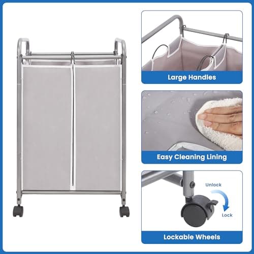 STORAGE MANIAC Laundry Sorter 2 Section, 90 L Gal Laundry Hamper with Wheels, Clothes Basket Separator Sorter, 2 Bag Clothes Cart with Wheels and Removable Bags for Closet, Dorm, Collage, Grey 6