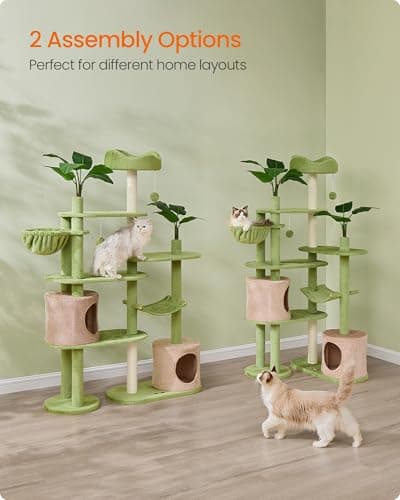 Feandrea Cat Tree, 68.1-Inch Tall Cat Tower, Multi-Level Plush Condo with Artificial Leaves, 3 Scratching Posts, 2 Pompoms with Bells, Grass Green and Camel Brown UPCT330C01 5