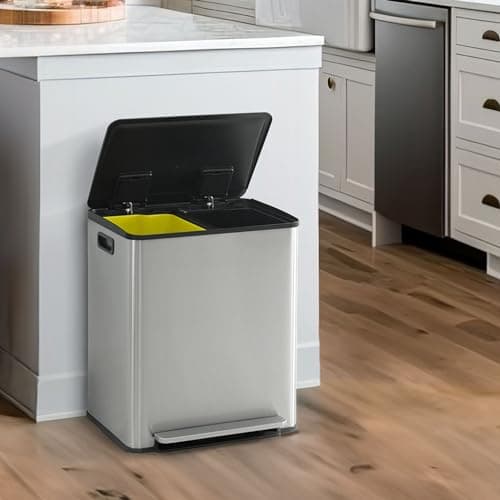 CAPHAUS Dual Trash Can with Lid, Trash and Recycling Bins Combo for Kitchen, Hands-Free Stainless-Steel Garbage Can with 2 Compartment, Hinged Lid, Odor Filter, Handles, 25L+25L, 2 x 6.6 Gallon