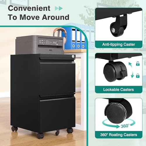 SISESOL 2 Drawer File Cabinet on Wheels,Metal Filing Cabinet with Lock,Black Rolling File Cabinets with Casters,Under Desk Office Cabinets for Home Office,Fit A4/Letter/Legal,Easy Assembly 7