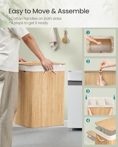 SONGMICS Laundry Hamper, 39.6 Gal. (150 L), 3-Section Laundry Basket, Laundry Hamper with Lid, Bamboo, Foldable, Removable and Machine Washable Liner, for Laundry Room, Bedroom, Natural ULCB091N01 6
