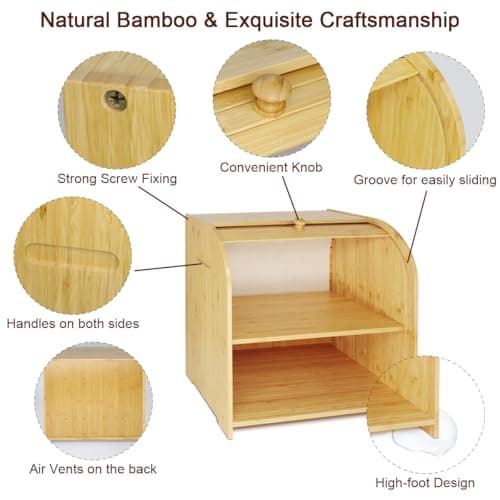 WRONWA Natural Bamboo Bread Box for Kitchen Countertop, Double Layer Roll Top Bread box, Large Wooden Breadbox for Homemade Bread 5
