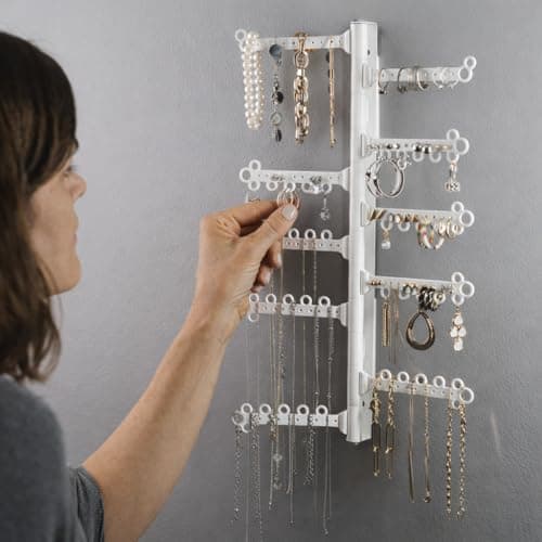 AllHungUp 12-Tier Wall Jewelry Organizer Wall Mounted Jewelry Organizer Necklace Holder Wall Mount Hanging Necklace Organizer Jewelry Hanger Wall Mounted Earring Holder Display Earring Organizer White 7