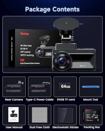 COOLCRAZY Dash Cam Front Rear - 4K+1080P Full HD Dashcam Free 64GB Card, with 5G WiFi GPS, Dual Dash Camera for Cars with 3" IPS Screen, Night Vision, HDR, App Control, 24H Parking Mode, Loop Record 10