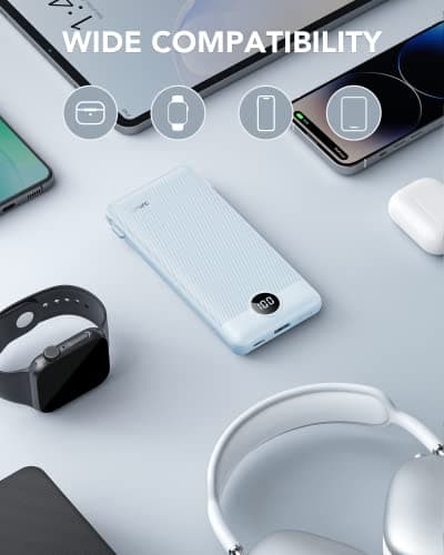 VRURC Portable Charger Built-in Cables and AC Wall Plug, USB C Power Bank 10000mAh, Travel Essentials Phone Charger Compact Lightweight External Battery Pack for Smart Phones, Tablets etc-Blue 6