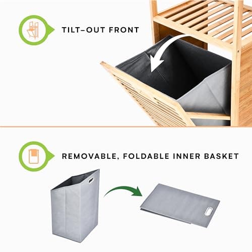 Prosumer’s Choice Bamboo Tilt-Out Laundry Hamper with 2-Tier Storage Shelves – Freestanding Clothes Hamper with Removable Liner, Space-Saving Design for Bathroom or Bedroom – 15.5”L x 11.8”W x 37.4”H 6