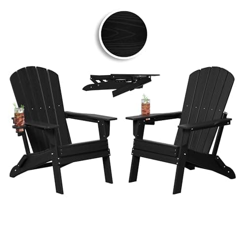 Plawdlik Folding Adirondack Chair, Cup Holder, SGS Tested, Wooden Textured，Heavy All-Weather HDPE Comfortable Set Poolside Backyard Lawn Black Set 2