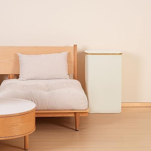 iEGrow 65L Slim Laundry Hamper, Narrow Laundry Basket with Lid,Foldable Clothes Hamper with Bamboo Handles,Hamper Basket with Removable Inner Bag for Laundry Room Bedroom College Dorm,17.17 Gals Beige 6