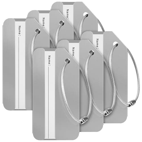 Travelambo 6 Pack Luggage Tags for Suitcases Aluminum Privacy Protection Bag Tags Luggage Identifier Travel Accessories Essentials (Silve)