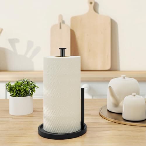 Paper Towel Holder Countertop, Standing Paper Roll Holder with Anti Slip Weighted Base, Stainless Steel Freestanding Paper Towel Holder for Kitchen, Black 8
