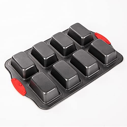 PLAZOTTA 2 Packs 8 Cavity Non-Stock Mini Loaf Pan with Silicone Handle, Mini Bread Loaf Baking Pan Mini Brownie Pan Cheesecake Mould Rectangular Bar 7