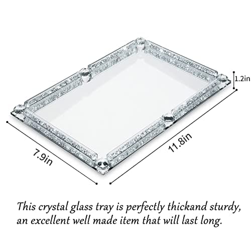 YCWF Mirror Perfume Tray for Dresser,Crushed Diamond Filled Glass Vanity Tray,Decorative Bathroom Tray,Crystal Tray for Home Decorative,Party,Hotel Banquet,11.8"x 7.9"x1.2",Silver 2
