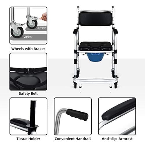 Goplus 4 in 1 Shower Commode Wheelchair, 330lbs Bedside Commode Chair for Toilet with Arms, Portable Rolling Shower Chair with Wheels for Elderly Disabled Handicap Adults Bariatric 6