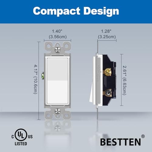 BESTTEN 10 Pack 3-Way Decorator Light Switch, 15A 120/277V, Single Pole or Three Way, Rocker Paddle Wall Switch, On/Off Rocker Interrupter, UL Listed, White 6