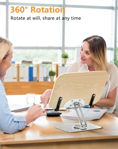 Amasrich Book Stand for Reading, Adjustable Holder with 360° Rotating Base & Page Clips, Foldable Desktop Ricer for Cookbook,Sheet Music,Laptop,Recipe,Textbook,Hands Free,Wood,Aluminium 7