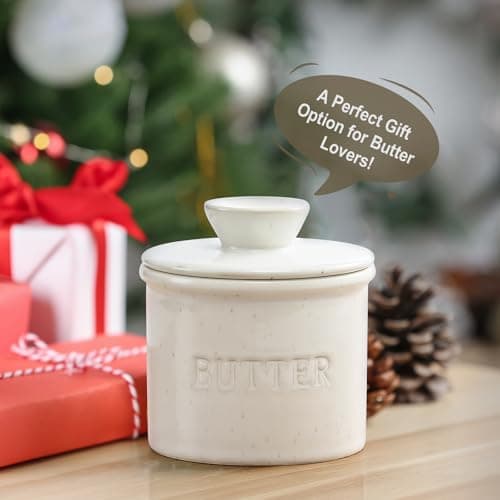 Butter Crock with Lid for Countertop - Ceramic French Butter Dish for Spreadable Soft Butter, Butter Container Holder with a Water Seal, Housewarming Gift, Kitchen and Home Decor, Speckled White 6