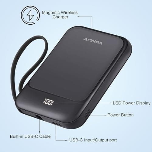 VONUV Magnetic Power Bank 10000mAh, Wireless Portable Charger with 15W Max Fast Charging & Built-in USB-C Cable, 22.5W PD LED Display Battery Pack Compatible with iPhone 17/16/15, Samsung Galaxy 5