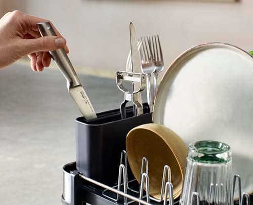 Joseph Joseph Extend Slim Steel Expandable Dish Drying Rack with Removable Cutlery Holder and Swivel Draining Spout, Compact Design, Grey 7