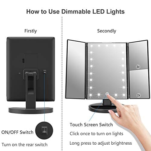 WEILY Makeup Mirror with 21 LED Lights,Two Power Supply Modes, Adjustable Touch Screen and 1x/2x/3x Magnification Tri-Fold Vanity Mirror,Chargeable Travel Cosmetic Mirror for Desktop (Black) 5