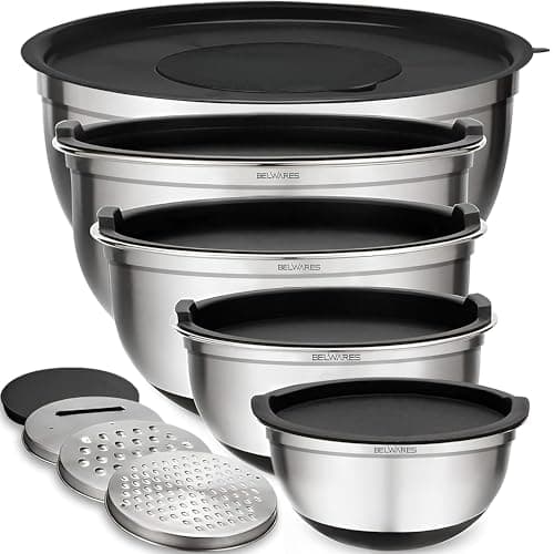Belwares Mixing Bowls with Airtight Lids - 8PCS Stainless Steel Nesting Mixing Bowls Set Non-Slip with 3 Grater Attachments, Kitchen Bowls, Sizes 5, 4, 3.5, 2, 1.5QT for Baking & Food Prep (Black) 9