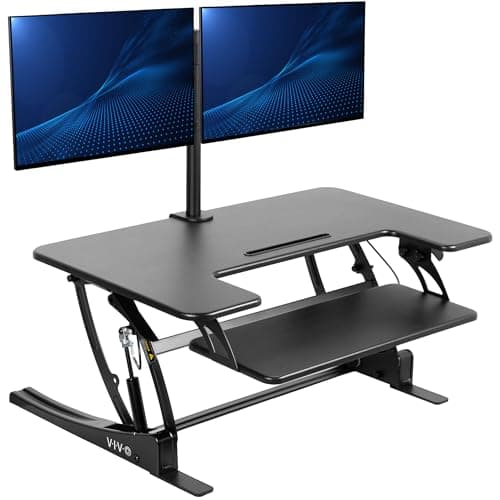 VIVO 36 inch Standing Desk Converter with Dual Monitor Mount Arms for up to 30 inch Screens, Height Adjustable Desk Riser, Black, DESK-KIT-0V02