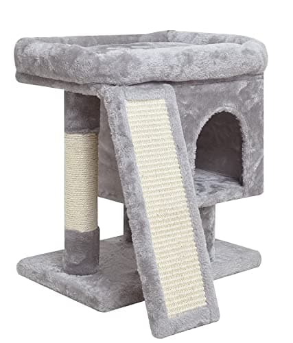 SYANDLVY Small Cat Tree for Indoor Cats, Cat Tower with Scratching Post, Modern Activity House for Large Cats, Condo with Board, Kittens Cave (Light Grey)