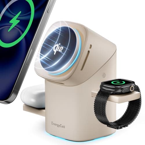 EnergyCell Rotating Wireless Charger, Qi2 Certified 2X Faster 15W for iPhone Charging Station 17/16/15/14/13, Apple Watch, AirPods, 3 in 1 Charging Station Apple Magnetic with Heat Dissipation, Desert