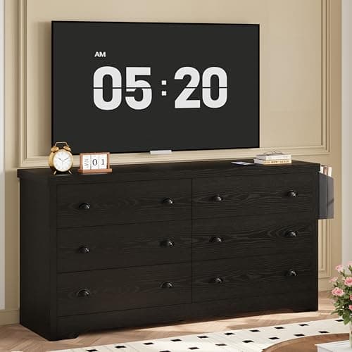 LIKIMIO Dresser for Bedroom 6 Drawer with Charging Station, TV Stand Storage Chest of Drawers for Living Room Hallway Entryway, MDF Board, 59 Inches Black