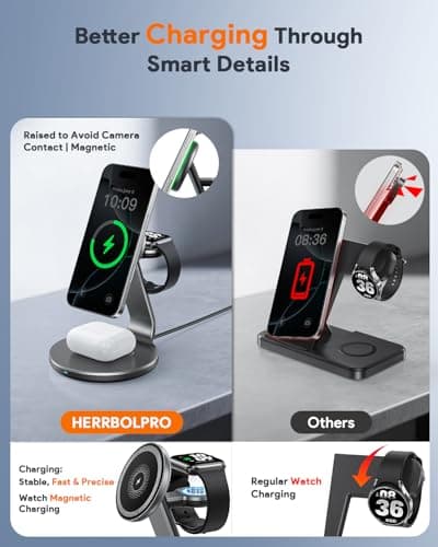 HERRBOLPRO 3 in 1 Charging Station for Apple Compatible with Magsafe Charger Stand for iPhone 17 16 15 14 13 12 Wireless Charging Station for AirPods Wireless Charger for iWatch Series 5