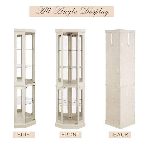 Eyisean 70" Lighted Corner Curio Cabinet, Curved Wood China Display Case with Tempered Glass Doors & Adjustable Shelves, Light Bulb Included, Tall Wine Storage Rack for Bar and Liquor Storage (White) 8