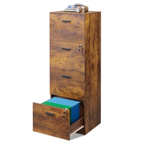 DEVAISE 4 Drawer File Cabinet with Lock, Vertical Filing Cabinet for A4/Letter Size Files, Wood Storage Organizer for Home Office, Rustic Brown