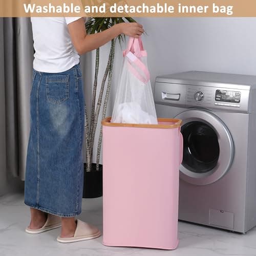 iEGrow 65L Slim Laundry Hamper, Narrow Laundry Basket with Lid,Foldable Clothes Hamper with Bamboo Handles,Hamper Basket with Removable Inner Bag for Laundry Room Bedroom College Dorm,17.17 Gals Pink 5