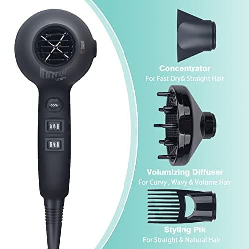 1875w Professional Tourmaline Hair Dryer,Negative Ionic Salon Hair Blow Dryer,DC Motor Light Weight Low Noise Hair Dryers with Diffuser & Concentrator & Comb 5
