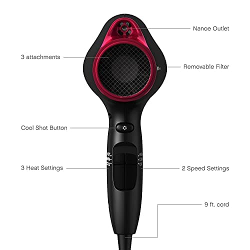 Panasonic nanoe Hair Dryer, 1875 Watt Professional Blow Dryer for Smooth, Shiny Hair with 3 Attachments Quick Dry Nozzle, Diffuser and Concentrator Nozzle – EH-NA65-K (Black/Pink), Black 5