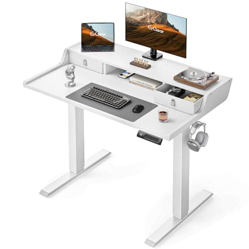 ErGear Electric Standing Desk with Drawers, 40″ x 24″ Small Gaming Table Compatible Monitor Stand, Stand up Desks, Home Office Height-Adjustable Desk with Storage Shelf, 4 Preset Heights, White
