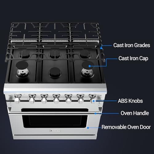 AAOBOSI 36 Inch Front Control Gas Range Oven with 6 Cooktop Burners, 6 Cu. Ft True Convection and Self Clean, Freestanding Stainless Steel Heavy Duty Gas Range Stove with Halogen Light,Stainless steel 9