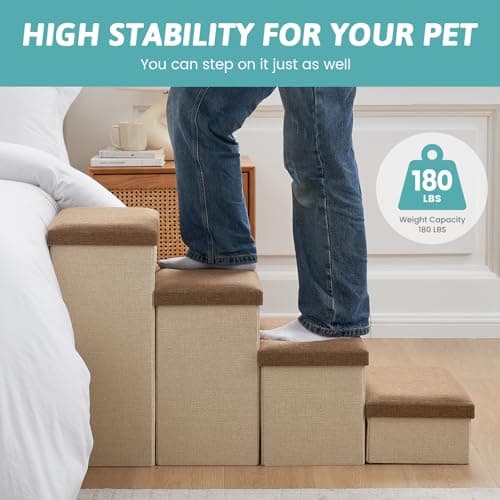 Dog Stairs with Storage, 4-Step Wider Sturdy Dog Steps for Small/Medium/Large Dogs and Older Cats, Folding Doggie Ramp for Bed/Couch/Car Hold Up to 180 lbs (22" H, Brown) 6
