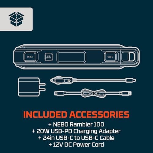 NEBO RAMBLER 100 Portable Power Station | 94.4Wh Capacity, 5-Way Output Charging, 100W AC Port Integration includes Power Inverter, Built-In Floodlight, TSA Approved 5
