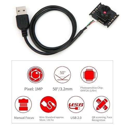 Walfront USB Camera Module, HBV-W202012HD Camera Module USB Interface for WinXP 10/OS X/L inux/Android, 1280x720P 7