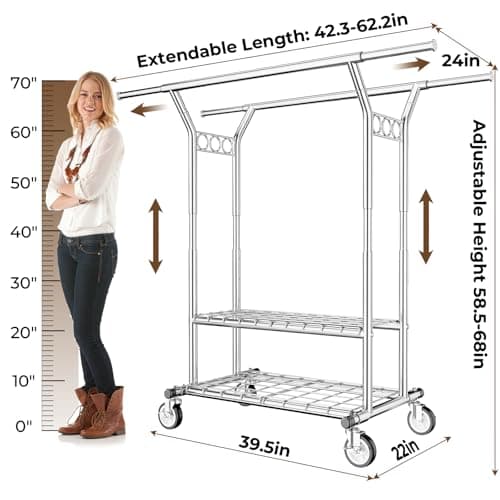 HYSEYY Heavy Duty Clothes Rack, Rolling Clothing Rack With Shelves Load 620 LBS, Double Rod Clothing Racks for Hanging Clothes, Portable& Adjustable Clothes Rack with Wheels Garment Rack 6