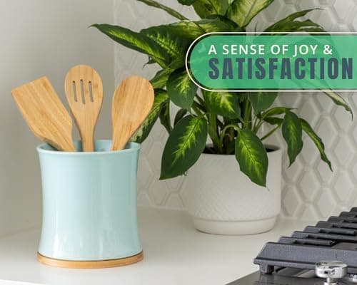 Comfify Large Ceramic Kitchen Utensil Holder with Bamboo Base - Modern Utensil Crock for Countertop Organization - Kitchen Counter Organizer for Cooking Tools, Spatulas, Spoons & More - Blue Ceramic 6