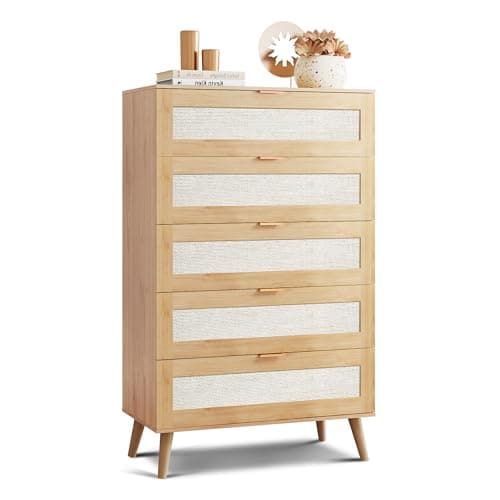 WLIVE Rattan Dresser for Bedroom, 50" Tall 5 Drawer Wooden Chest of Drawers, Boho Dresser Closet Storage Organizer for Living Room, Hallway, Light Oak